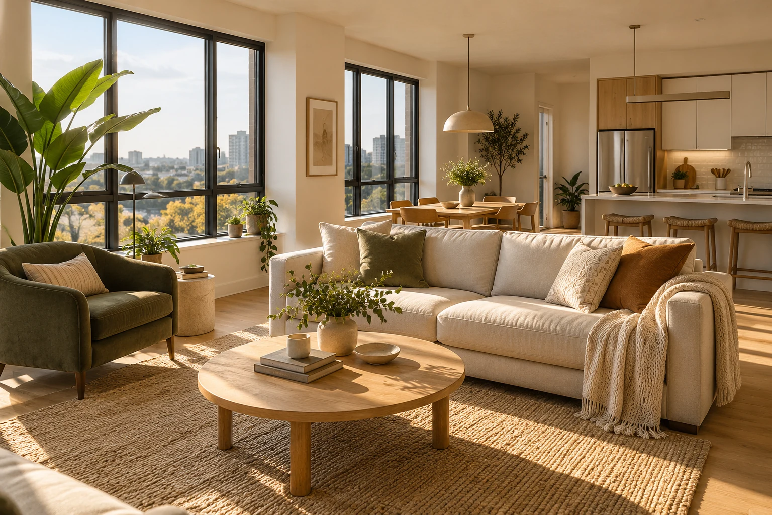Illustrative sunlit apartment with a comfortable sofa, leafy plants and an open kitchen